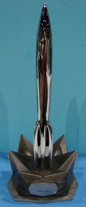 2015 Hugo Award statuette. Design by Matthew Dockrey and photo by Kevin Standlee.