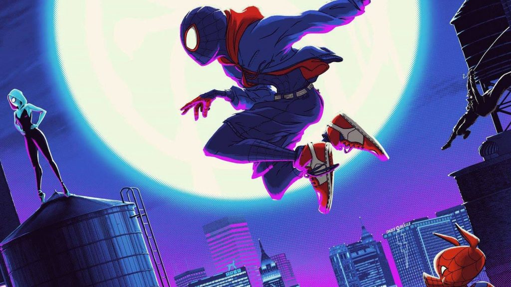 A promotional image from "Spider-Man: Into the Spider-Verse" featuring Miles Morales, Gwen Stacey, and Peter Porker, all in costume.