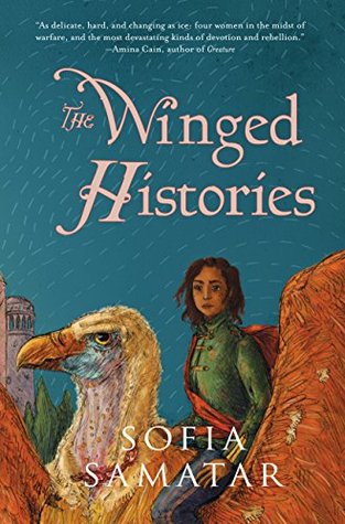 The cover of "The Winged Histories", showing a dark-skinned woman riding a large bird.