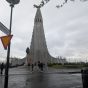A street-level view of Hallgrimskirkja, the largest church in Iceland.